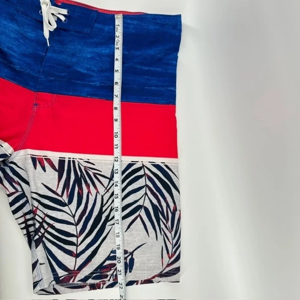Old Navy California Mens Board Shorts Size 38 Tropical Palm Colorblock Blue Red